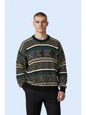 Vintage Impact Sweater L Geometric Pattern Leather Trim Korea 80s 90s